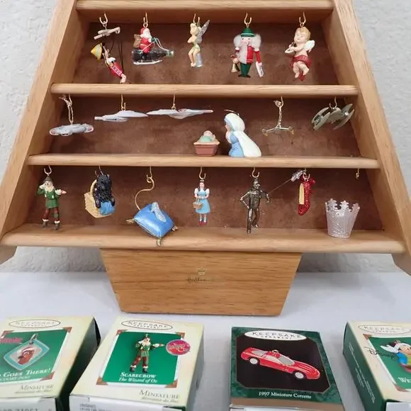 Hallmark Miniature Keepsake Ornaments 31 pcs w/Wood Shadow Box Memory Tree LN